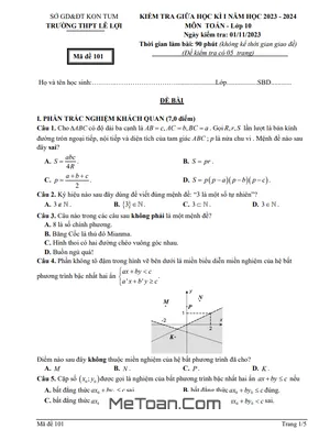 Đề thi giữa học kỳ 1 Toán 10 năm 2023 - 2024 trường THPT Lê Lợi - Kon Tum