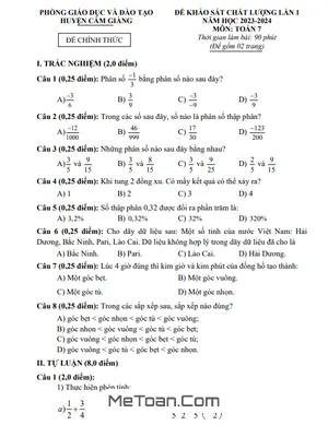 Đề khảo sát chất lượng lần 1 Toán 7 năm 2023 - 2024 phòng GD&ĐT Cẩm Giàng - Hải Dương