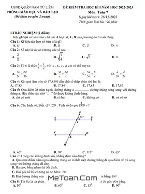 Đề thi học kì 1 Toán 7 năm 2022 - 2023 phòng GD&ĐT Nam Từ Liêm - Hà Nội
