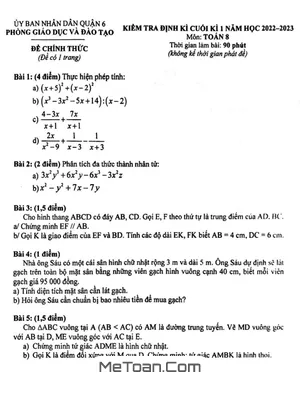 Đề thi học kì 1 Toán 8 năm 2022 - 2023 phòng GD&ĐT Quận 6 - TP.HCM