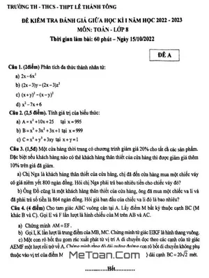 Đề giữa học kì 1 Toán 8 năm 2022 – 2023 trường Lê Thánh Tông – TP HCM