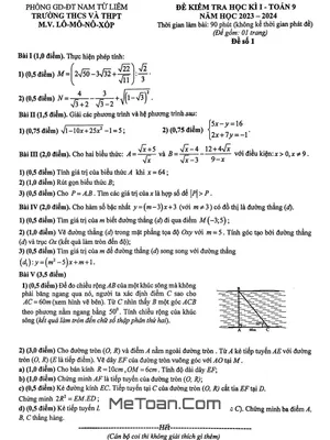 Đề học kì 1 Toán 9 năm 2023 - 2024 trường M.V. Lômônôxốp - Hà Nội