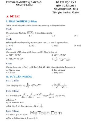 Đề thi HK1 Toán 9 năm 2017 - 2018 phòng GD&ĐT Nam Từ Liêm - Hà Nội