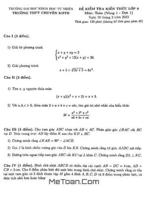 Đề thi Toán 9 vào 10 chuyên KHTN Hà Nội năm 2023 (Vòng 1 - Đợt 1)