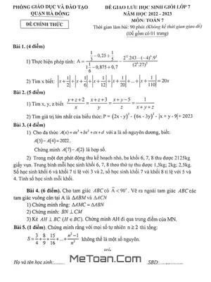 Đề thi Học Sinh Giỏi Toán 7 năm 2022 - 2023 Phòng GD&ĐT Hà Đông - Hà Nội