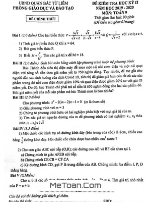 Đề kiểm tra học kỳ 2 Toán 9 năm 2019 - 2020 phòng GD&ĐT Bắc Từ Liêm - Hà Nội