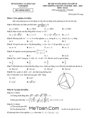 Đề thi tuyển sinh lớp 10 môn Toán không chuyên năm 2023 - 2024 Sở GD&ĐT Nam Định