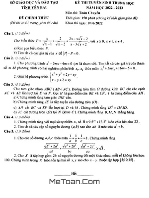 Đề thi Tuyển sinh Lớp 10 THPT Chuyên Toán Sở GD&ĐT Yên Bái Năm Học 2022 - 2023