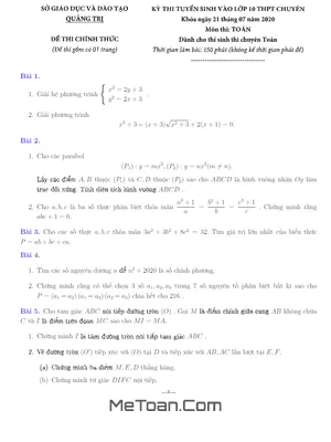 Đề thi tuyển sinh lớp 10 chuyên Toán - Sở GD&ĐT Quảng Trị năm 2020 - 2021