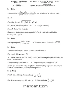 Đề thi tuyển sinh lớp 10 THPT chuyên Toán Vĩnh Long năm 2017 - 2018