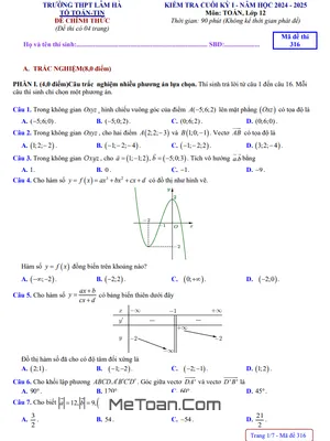 Đề thi học kỳ 1 Toán 12 năm 2024 - 2025 trường THPT Lâm Hà - Lâm Đồng