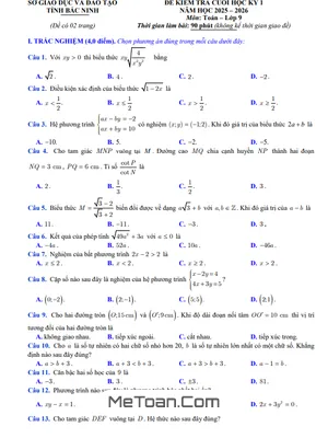 Đề Kiểm Tra Cuối Học Kỳ 1 Toán 9 Năm 2025 – 2026 Sở GD&ĐT Bắc Ninh