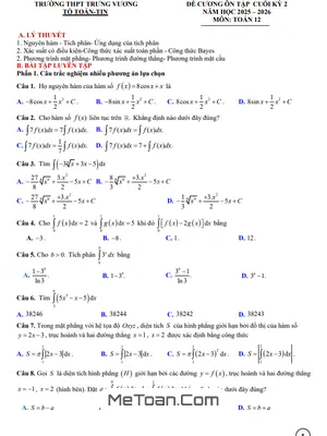 Đề Cương Ôn Thi Toán 12 Cuối Kỳ 2 Trường THPT Trưng Vương - Gia Lai (2025-2026)