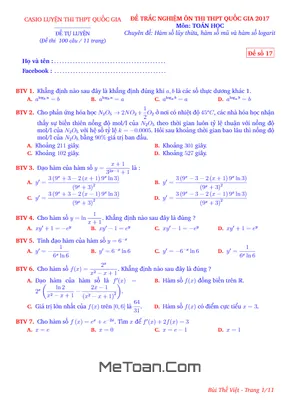 100 Câu Trắc Nghiệm Hàm Số Lũy Thừa, Mũ, Logarit - Bùi Thế Việt [PDF]