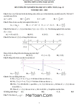 Đề Cương Ôn Tập HK1 Toán 12 Năm 2021 - 2022 Trường Lương Ngọc Quyến - Thái Nguyên