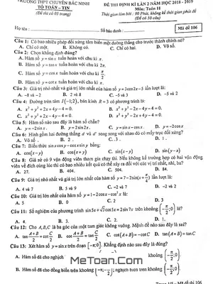 Đề thi định kỳ Toán 11 lần 2 năm 2018 - 2019 trường THPT chuyên Bắc Ninh (có lời giải)