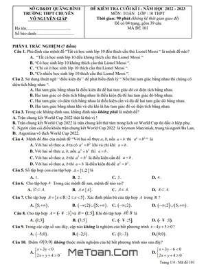 Đề Thi Cuối Kì 1 Toán 10 Năm 2022 - 2023 Trường Chuyên Võ Nguyên Giáp - Quảng Bình