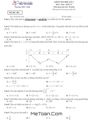 Đề thi học kỳ 1 Toán 12 năm 2023 - 2024 trường THPT Bùi Thị Xuân - TP.HCM