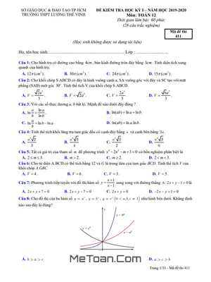 Đề thi HK1 Toán 12 năm 2019 - 2020 trường THPT Lương Thế Vinh - TP HCM