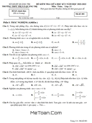 Đề thi giữa kỳ 1 Toán 11 năm 2022-2023 trường THPT Thị xã Quảng Trị