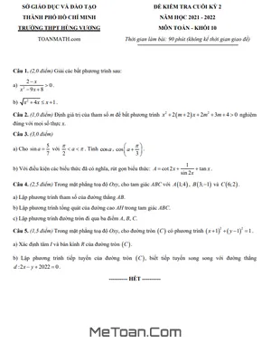 Đề kiểm tra cuối kỳ 2 Toán 10 năm 2021 - 2022 trường THPT Hùng Vương - TP HCM