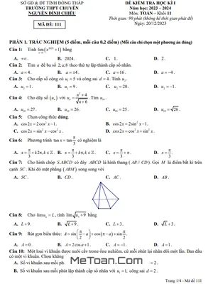 Đề học kì 1 Toán 11 năm 2023 – 2024 trường chuyên Nguyễn Đình Chiểu – Đồng Tháp