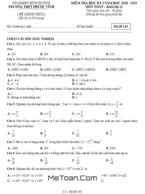 Đề thi học kỳ 1 Toán 11 năm 2018 - 2019 trường THPT Phước Vĩnh - Bình Dương