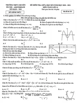 Đề thi giữa kì 1 Toán 12 năm 2020 - 2021 trường Chuyên Hà Nội - Amsterdam (có đáp án)