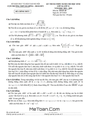Đề thi Olympic Toán 10 năm 2023 - 2024 cụm Hà Đông & Hoài Đức - Hà Nội
