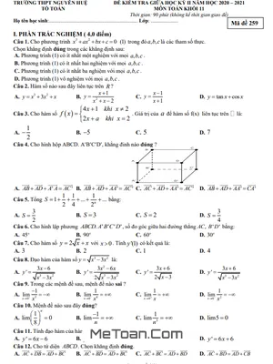 Đề thi giữa HK2 Toán 11 năm 2020 - 2021 trường THPT Nguyễn Huệ - Đắk Lắk