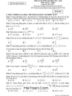 Đề thi HSG Toán 12 cấp tỉnh năm 2017 - 2018 sở GD&ĐT Ninh Bình (có đáp án)