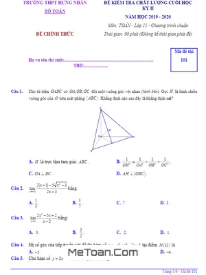 Đề thi học kỳ 2 môn Toán lớp 11 năm 2019 - 2020 trường THPT Hưng Nhân - Thái Bình