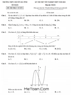 Đề thi thử tốt nghiệp THPT 2021 môn Toán trường THPT chuyên Hà Tĩnh
