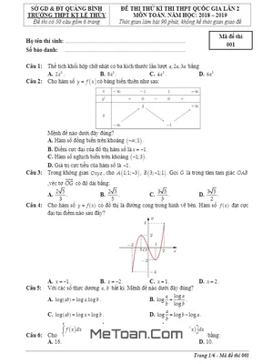 Đề thi thử Toán THPT Quốc gia 2019 trường THPT Lệ Thủy – Quảng Bình lần 2