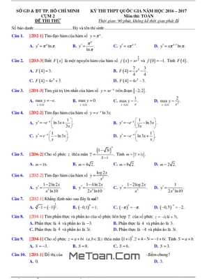 Đề thi thử THPT Quốc gia 2017 môn Toán sở GD&ĐT TP. HCM (Cụm chuyên môn II) có đáp án