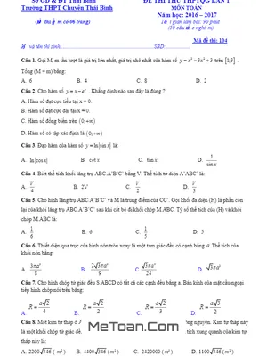 Đề thi thử THPT Quốc gia môn Toán trường chuyên Thái Bình lần 1 năm 2017 có đáp án