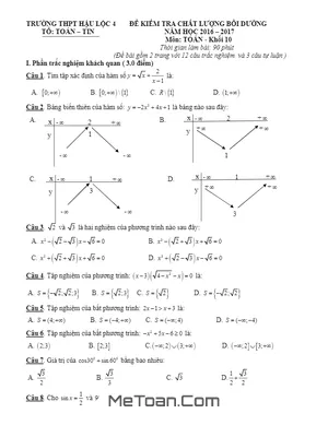 Đề kiểm tra chất lượng bồi dưỡng Toán 10 năm học 2016 - 2017 trường THPT Hậu Lộc 4 - Thanh Hóa