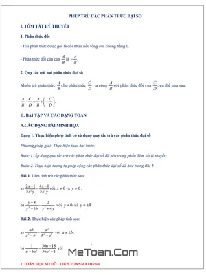 Chuyên Đề Phép Trừ Các Phân Thức Đại Số Lớp 8