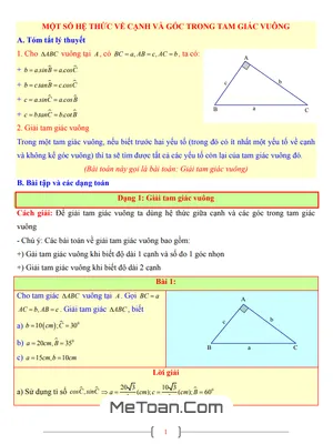 Tổng Hợp Kiến Thức Và Bài Tập Về Hệ Thức Lượng Giác Trong Tam Giác Vuông Toán 9