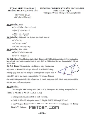 Đề Tham Khảo Học Kỳ 1 Toán 8 Năm 2022 - 2023 Trường THCS Phạm Hữu Lầu - TP HCM