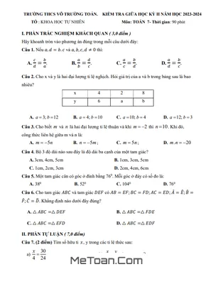 Đề thi giữa kì 2 Toán 7 năm 2023-2024 trường THCS Võ Trường Toản - BR VT