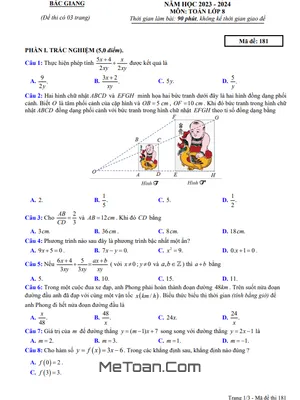 Đề thi Toán 8 cuối kì 2 năm 2023 - 2024 sở GD&ĐT Bắc Giang (có đáp án)