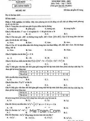 Đề thi học kì 2 Toán 7 năm 2020 - 2021 Sở GD&ĐT Nam Định (có đáp án)
