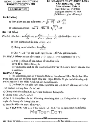 Đề khảo sát Toán 9 lần 3 năm 2022 – 2023 trường THCS Tây Mỗ – Hà Nội
