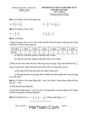 Đề thi học kỳ 2 Toán lớp 6 năm 2021 - 2022 phòng GD&ĐT Tiền Hải, Thái Bình
