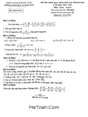 Đề thi chọn học sinh giỏi Toán 8 năm 2020 - 2021 phòng GD&ĐT Bắc Ninh