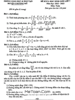 Đề thi học sinh giỏi Toán 7 năm 2022 - 2023 phòng GD&ĐT Chương Mỹ - Hà Nội