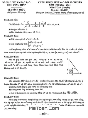 Đề thi vào lớp 10 chuyên Toán sở GD&ĐT Đồng Tháp năm 2023 - 2024