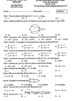 Đề thi tuyển sinh lớp 10 môn Toán năm 2022 - 2023 Sở GD&ĐT Hưng Yên (Mã đề 117)