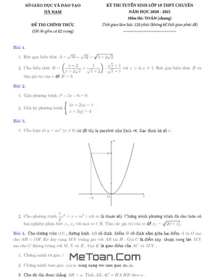 Đề thi tuyển sinh lớp 10 chuyên Toán (chung) Sở GD&ĐT Hà Nam năm 2020 - 2021